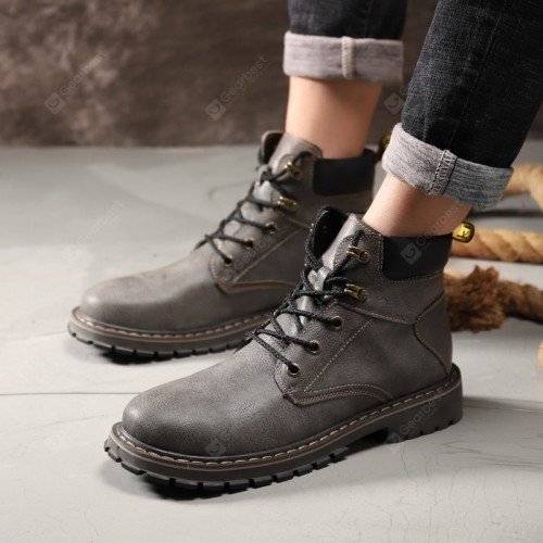 Men's Plush Keep Warm Boots Lace-up Solid Color British Style